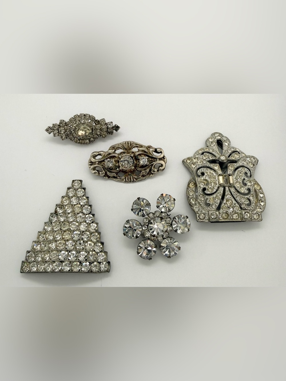 Vintage Estate lot Silver Tone Crystal Rhinestone Floral Brooch Shoe Scarf Clip